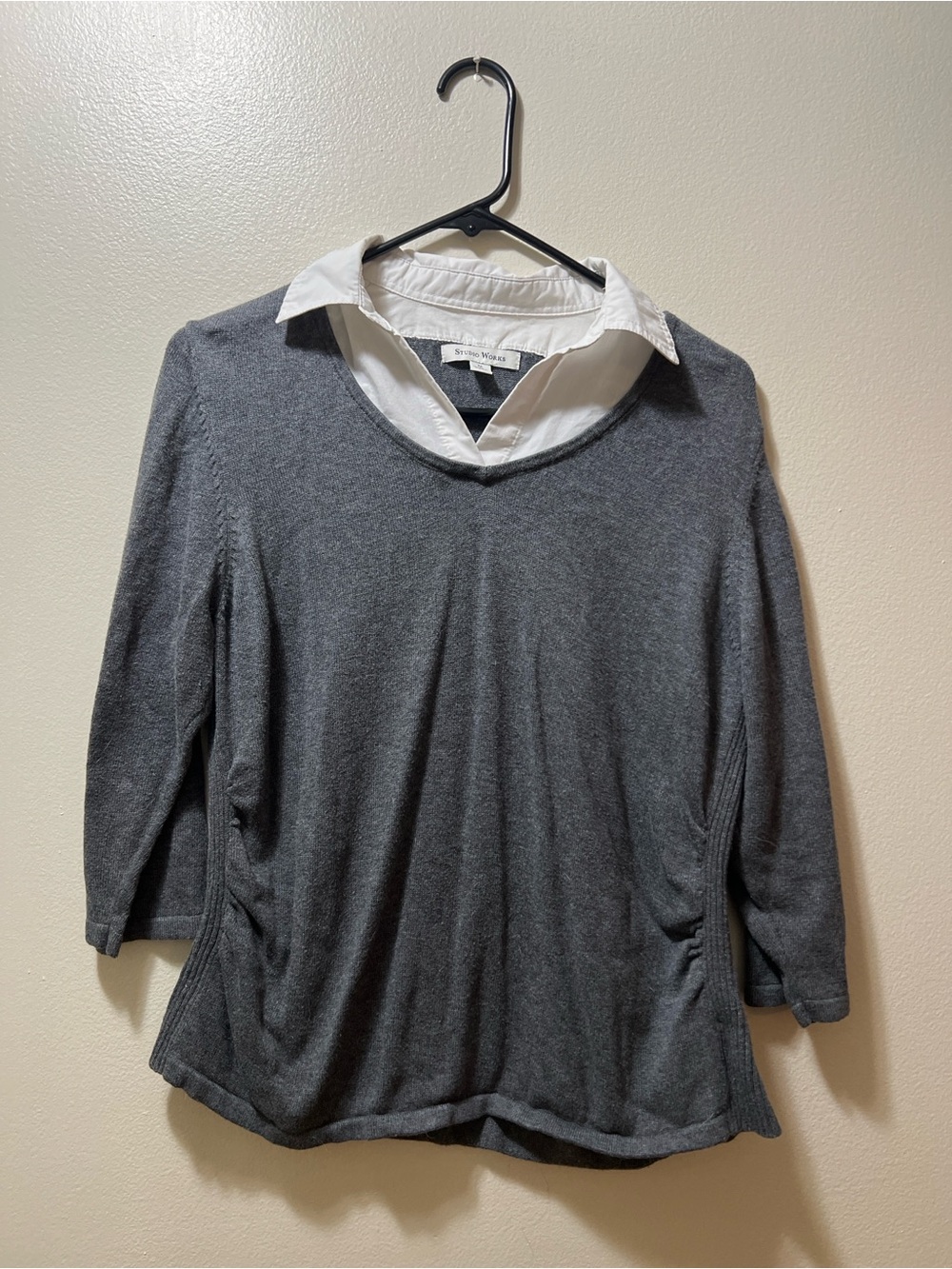 Studio Works Layered Look Gray V-Neck Sweater with Attached White Collar